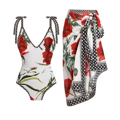 Vintage Floral Cut-Out Halter One Piece Swimsuit Aesthetic