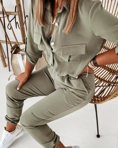 Sporty Turn-Down Collar Jumpsuit: Casual Streetwear