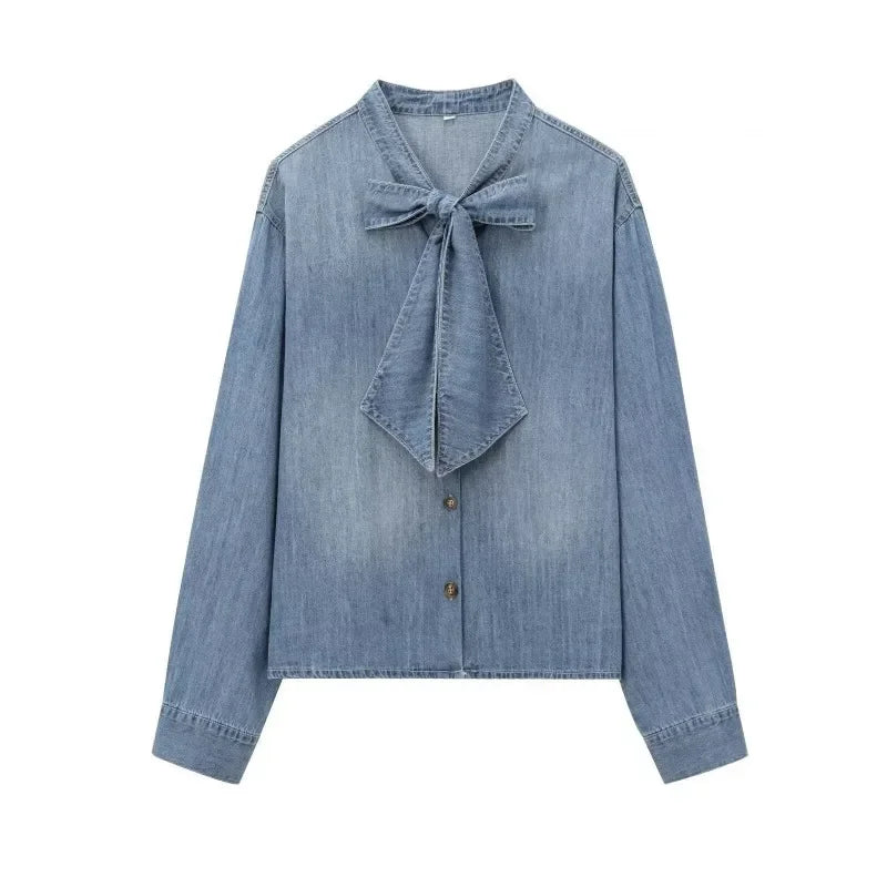 Trendy Imitation Denim Blouse For Women Long Puff Sleeves Bow Embellished High Neck Shirt
