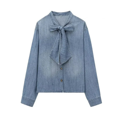 Trendy Imitation Denim Blouse For Women Long Puff Sleeves Bow Embellished High Neck Shirt