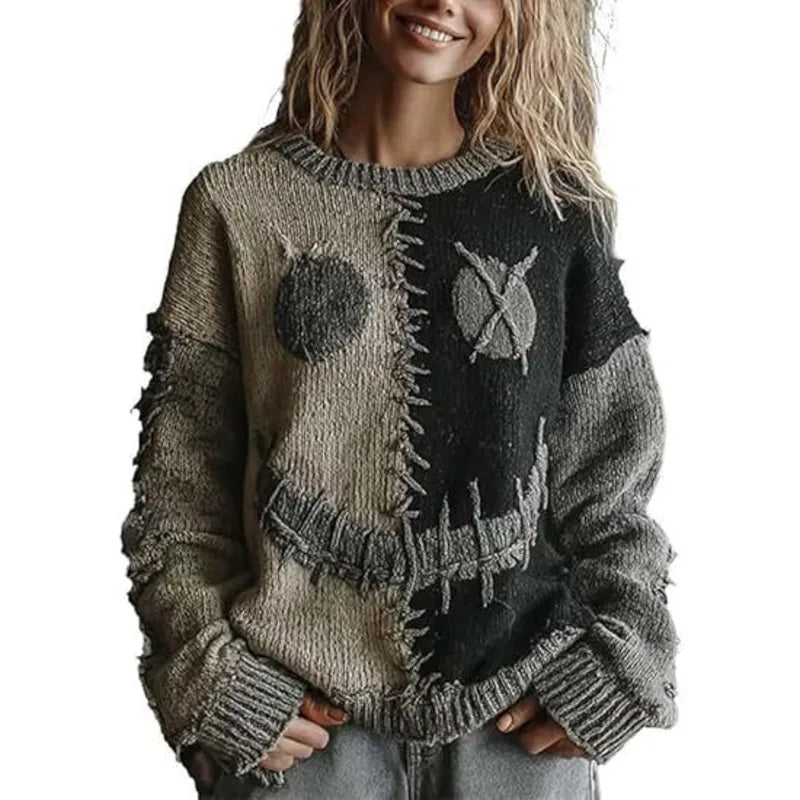 Halloween Knitted Sweater For Women Autumn Gothic Pumpkin Print Streetwear Harajuku Winter Warm Loose Casual Pullover