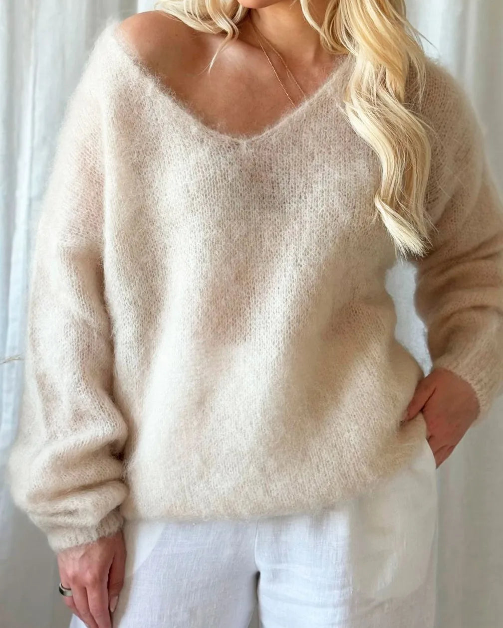 2025 Women S Solid Color Long Sleeved V Neck Cotton Linen Loose Top Fashionable Casual Sweater