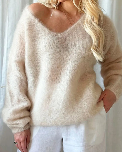 2025 Women S Solid Color Long Sleeved V Neck Cotton Linen Loose Top Fashionable Casual Sweater