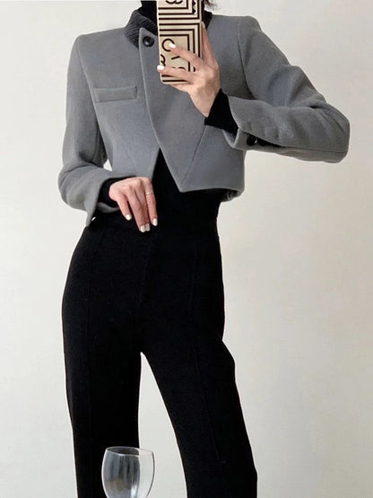 French Design Grey Cropped Tweed Blazer Jacket For Women