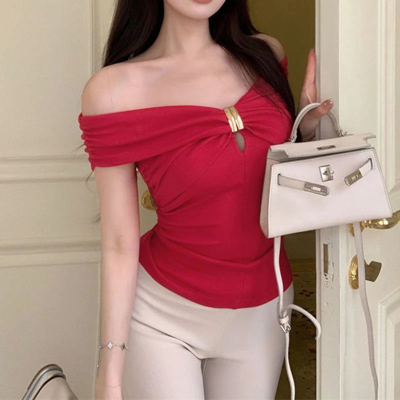 Off Shoulder Bow T Shirt For Women Sexy Exposed Clavicle Crop Top Elegant Korean Long Sleeve Spring Autumn Shirt