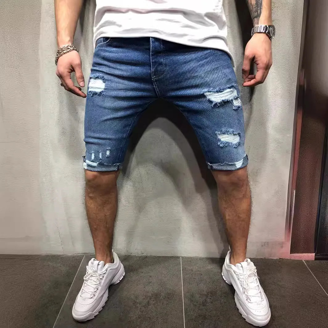 Mens Elastic Waist Ripped Summer Jean Shorts