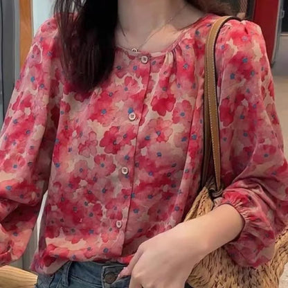 Flower Floral Printing Polo Neck Blouse