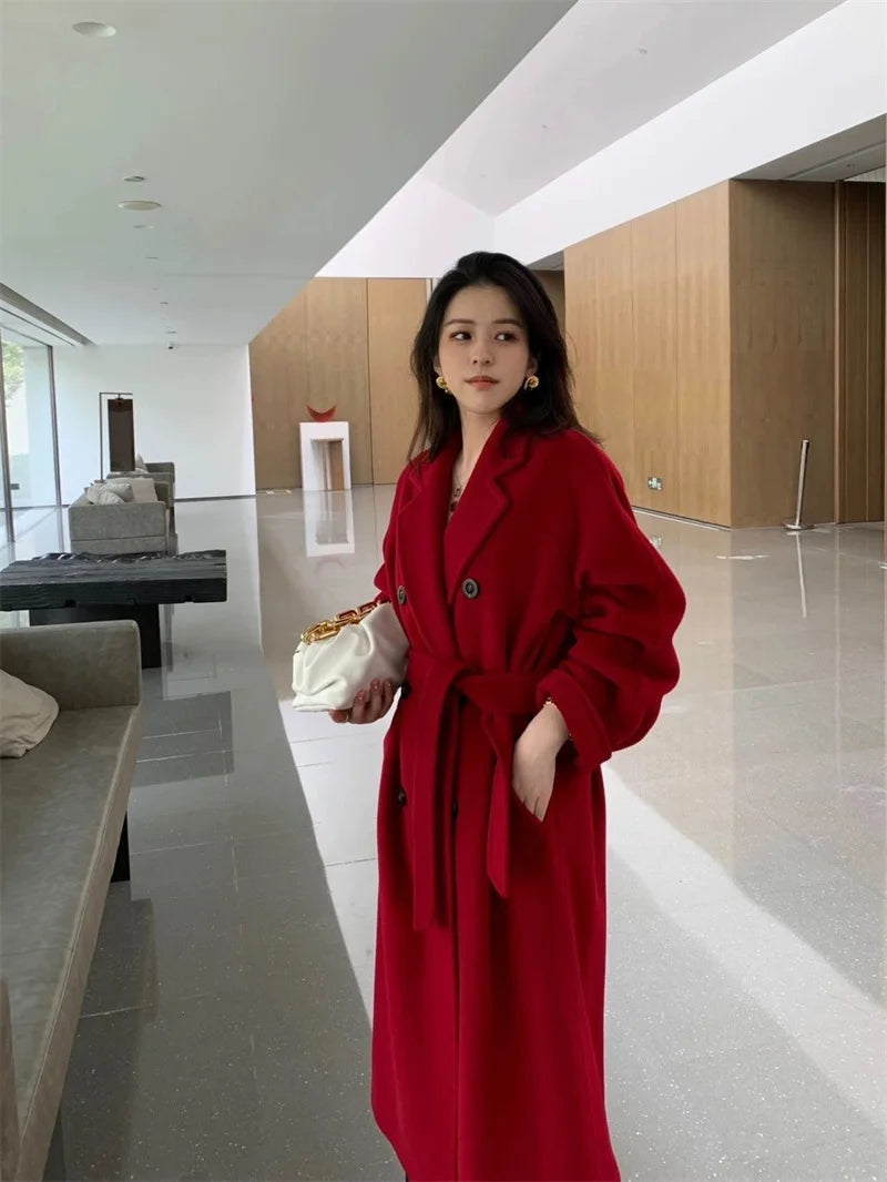 Elegant Woolen Belted Coat for Women – Korean Style Double Breasted Winter Overcoat
