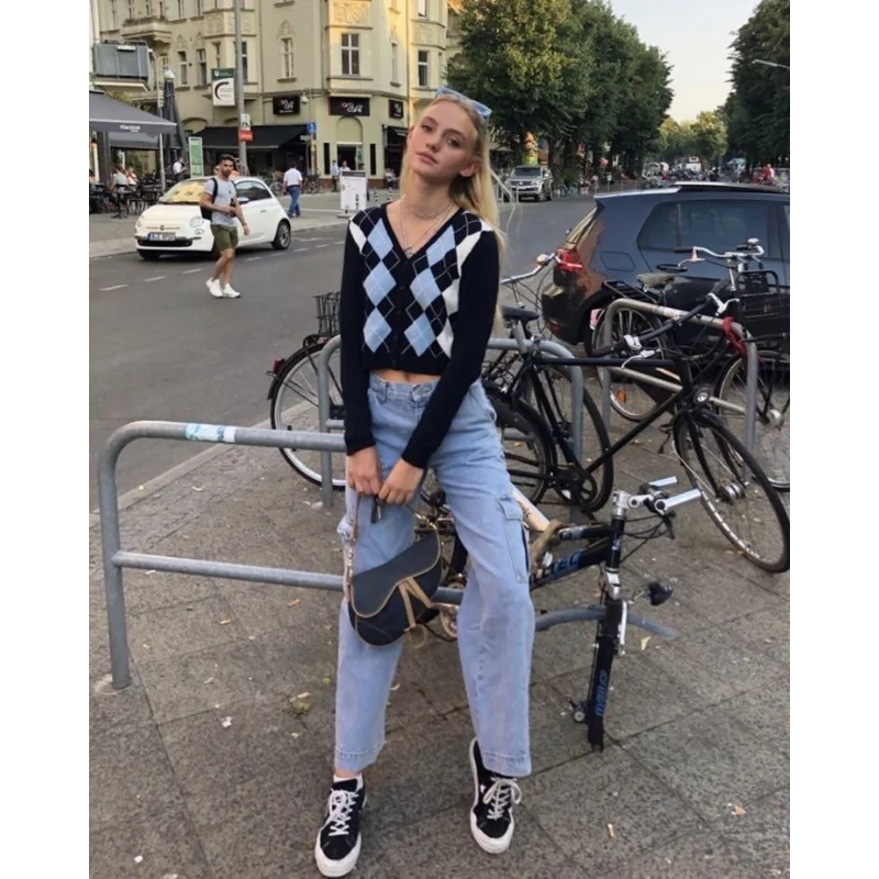 Retro Diamond Jacquard Knitted Cardigan V Neck Single Breasted Long Sleeve Short Pullover Sweater For Women