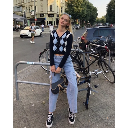 Retro Diamond Jacquard Knitted Cardigan V Neck Single Breasted Long Sleeve Short Pullover Sweater For Women