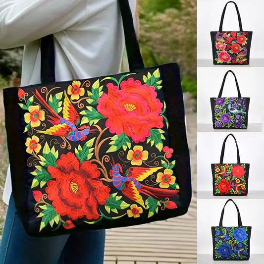 Ethnic Flower Embroidered Canvas Bags