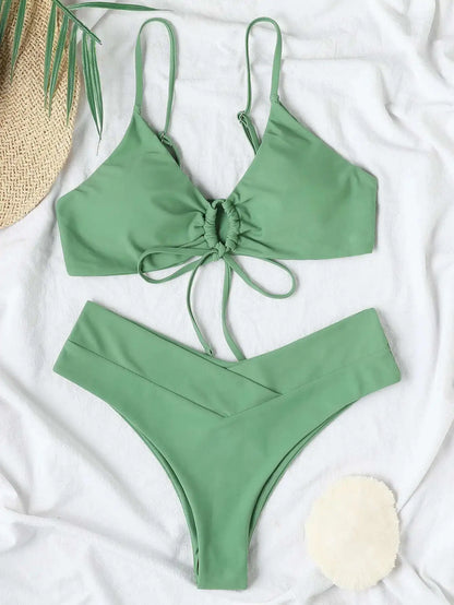 2025 Sexy Women S Solid Bikini Set High Waist Two Piece Swimwear Fashionable Summer Swimming Suit