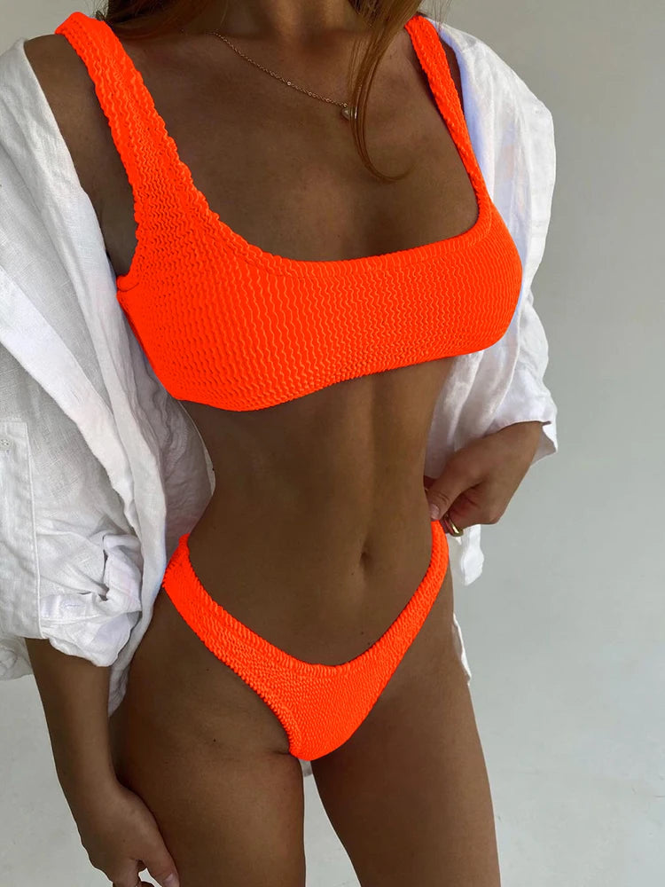 Neon Pink Crinkle Texture Bikini Aesthetic