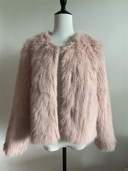 Elegant Women Collarless Thick Faux Fur Coats