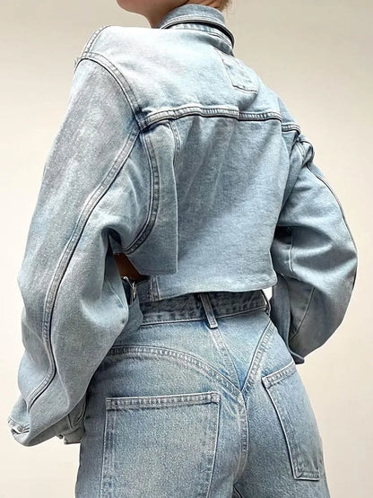 Open Shoulder Irregular Style Crop Denim Coat For Women