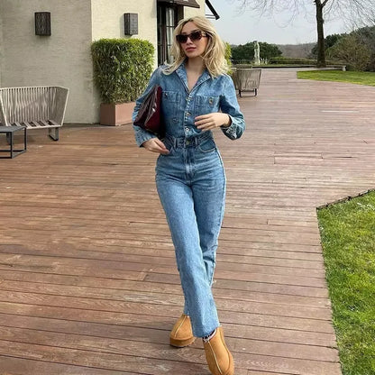 Denim Jumpsuit: Long Sleeve Elegant Women's Jean Overalls