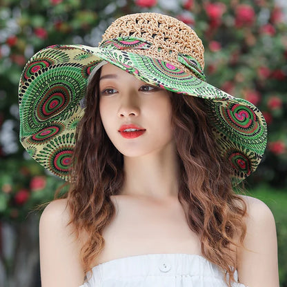 Summer Beach Style Bucket Folding Flower Pattern Straw Hat For Women