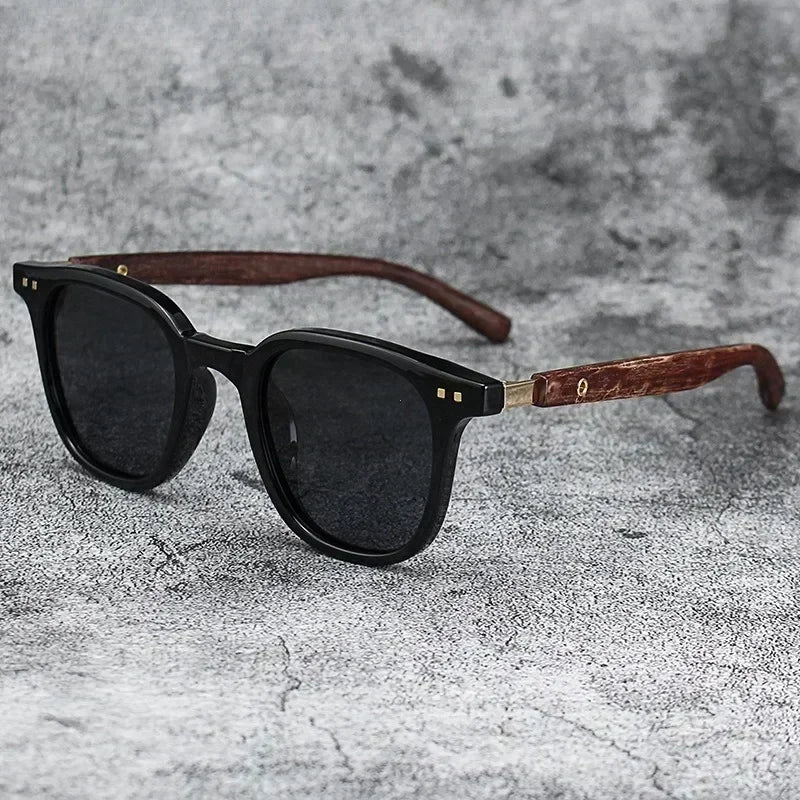 Nature Meets Tech: Matte Grey Sunglasses with Textured Wooden Temples