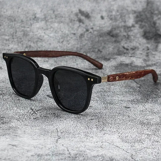 Nature Meets Tech: Matte Grey Sunglasses with Textured Wooden Temples