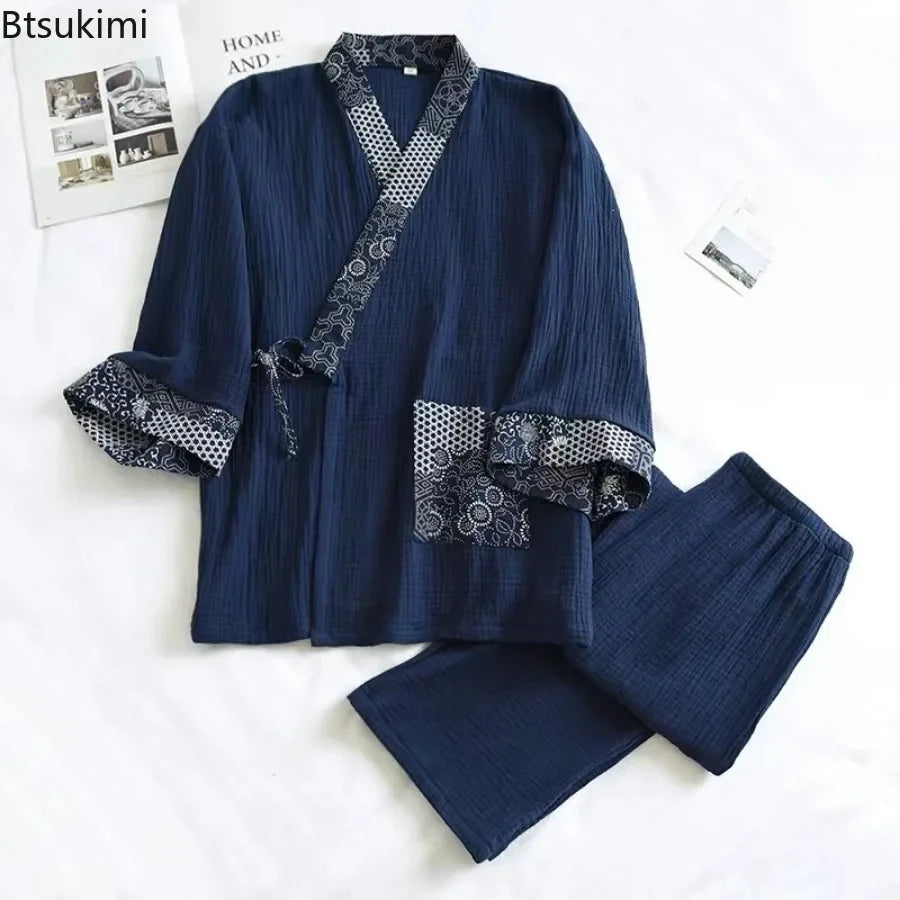 2025 Women S Kimono Pajama Set 100 Cotton Crepe Long Sleeve Top Trousers Soft Sleepwear Suit For Home