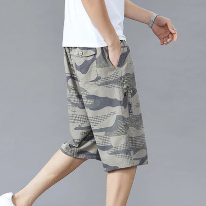 Safari Style Camouflage Printed Drawstring Men Casual Shorts