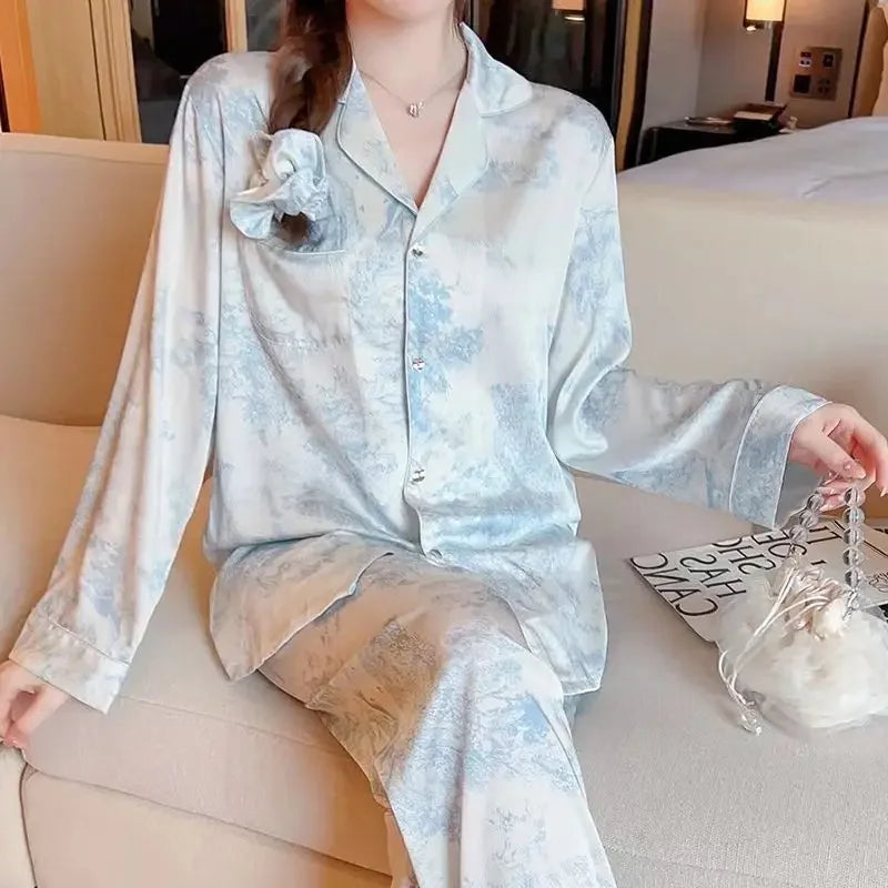 Womens Satin Pajama Set 2 Piece Star Print Loungewear With Lapel Shirt Elastic Waist Pants