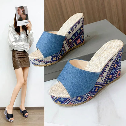 Traditional Style Pretty Cool Blue Love High Heel Slippers