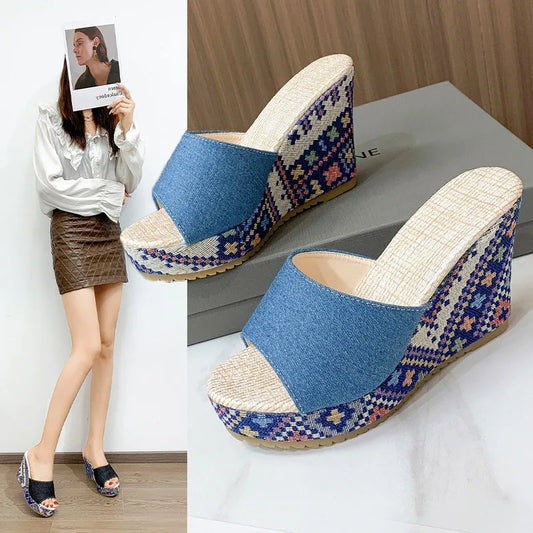 Traditional Style Pretty Cool Blue Love High Heel Slippers