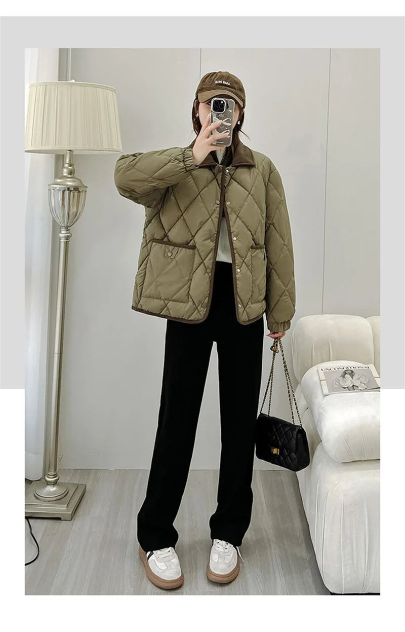 Quilted PU Leather Short Coat – Warm Rhombic Lattice Winter Jacket for Women