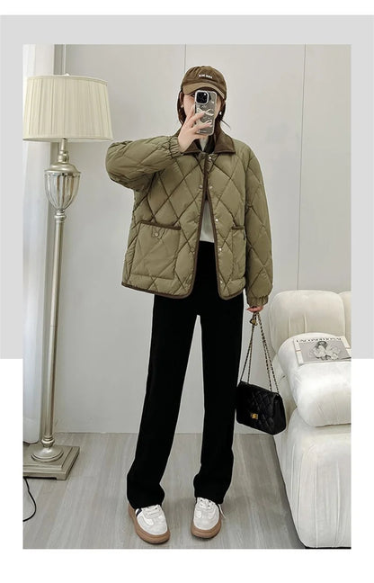 Quilted PU Leather Short Coat – Warm Rhombic Lattice Winter Jacket for Women