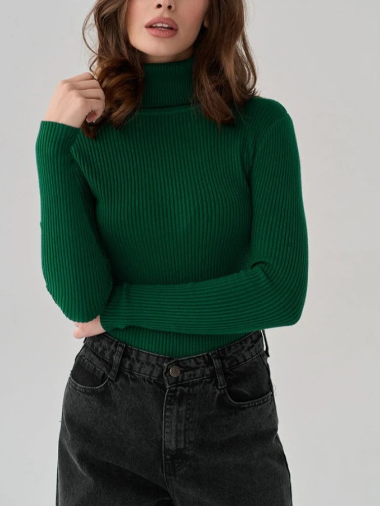 2025 Autumn Winter Women S Thick Ribbed Knitted Turtleneck Sweater Slim Fit Long Sleeve Pullover Soft Warm