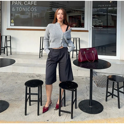 Elegant Gray Knit Cardigan for Women – 2025 Autumn Streetwear