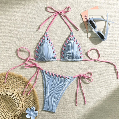 Minimalist Cream Lace-Up Plisse Bikini Aesthetic