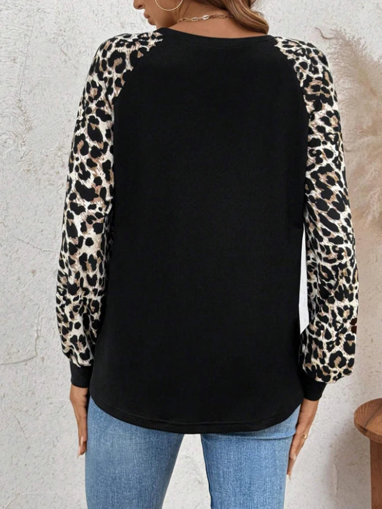 Leopard Print Patchwork Sweater For Women Long Sleeve Chic Top Spring Autumn Femme Tees For Ladies