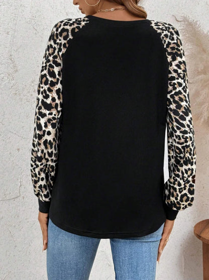 Leopard Print Patchwork Sweater For Women Long Sleeve Chic Top Spring Autumn Femme Tees For Ladies