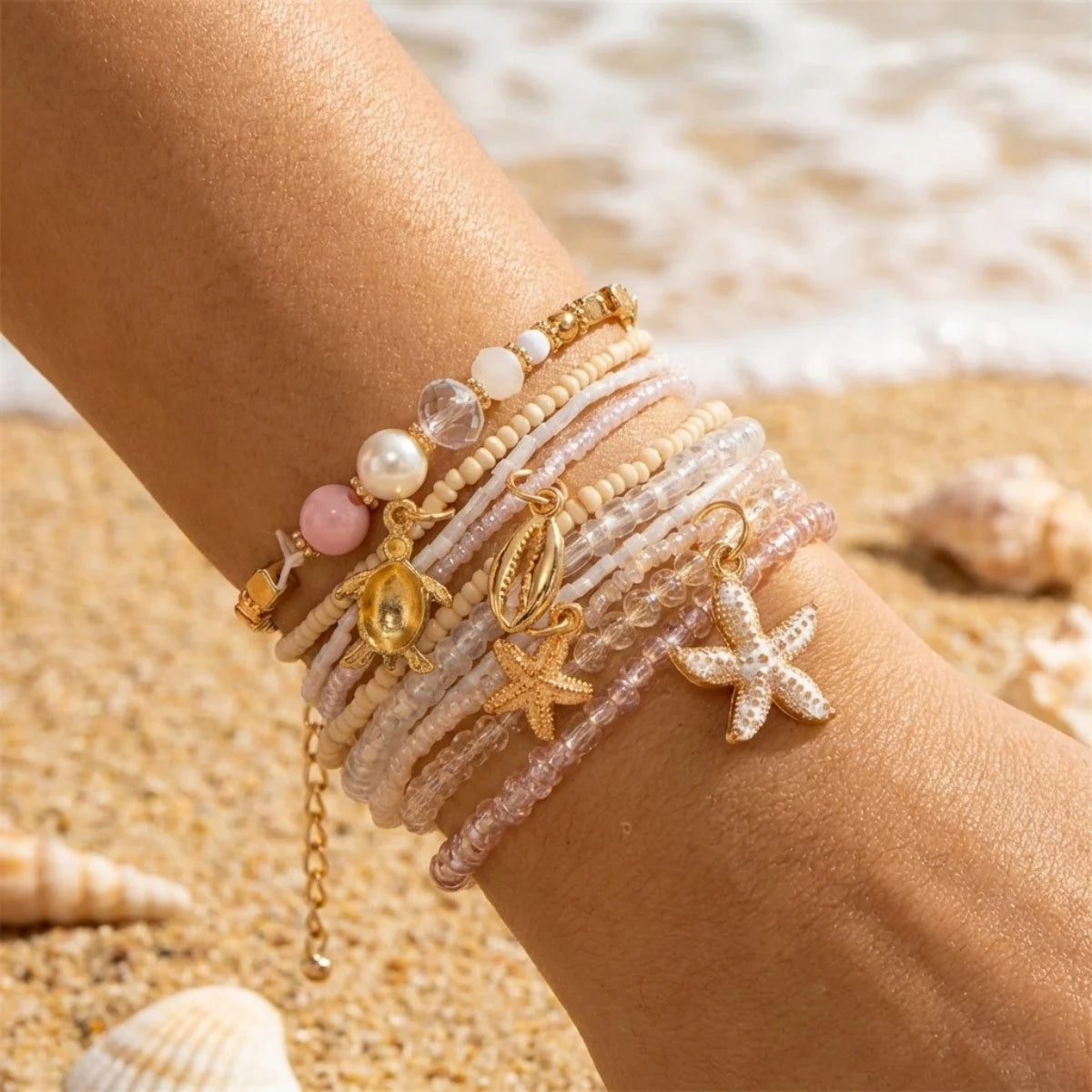 Maldives Luxury Resort Vibes - Elegant Pearl & Shell Beach Bracelet Stack