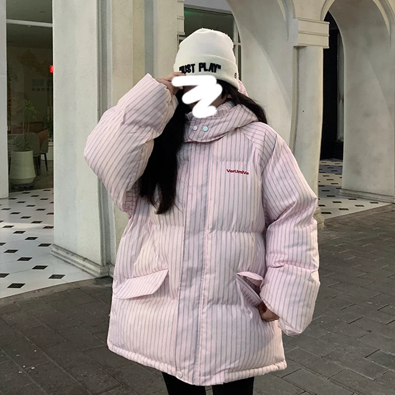 Striped Hooded Quilted Winter Coat for Women – Warm Cotton Padded Parka 2026