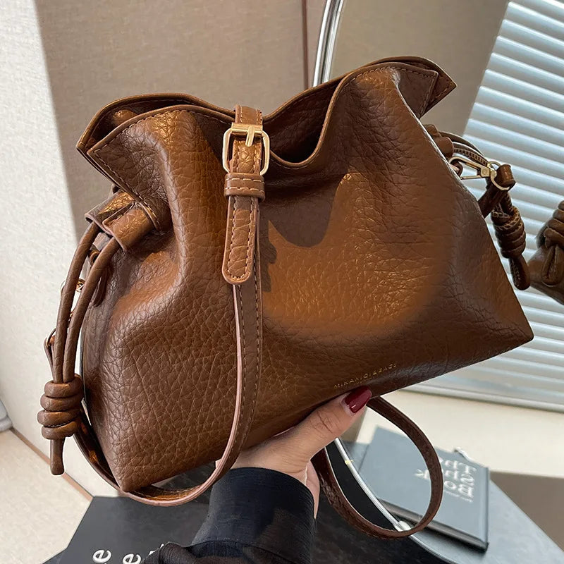 Minimalist Camel Leather Drawstring Shoulder Bag