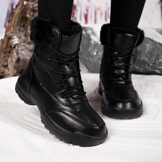 Womens Soft Leather Mid Calf Snow Boots With Metal Accents Warm Plush Lining Flat Sole Winter Comfort For Moms