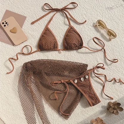 Chic Brown Mesh Bikini and Sarong Set for the Ultimate Coastal Aesthetic