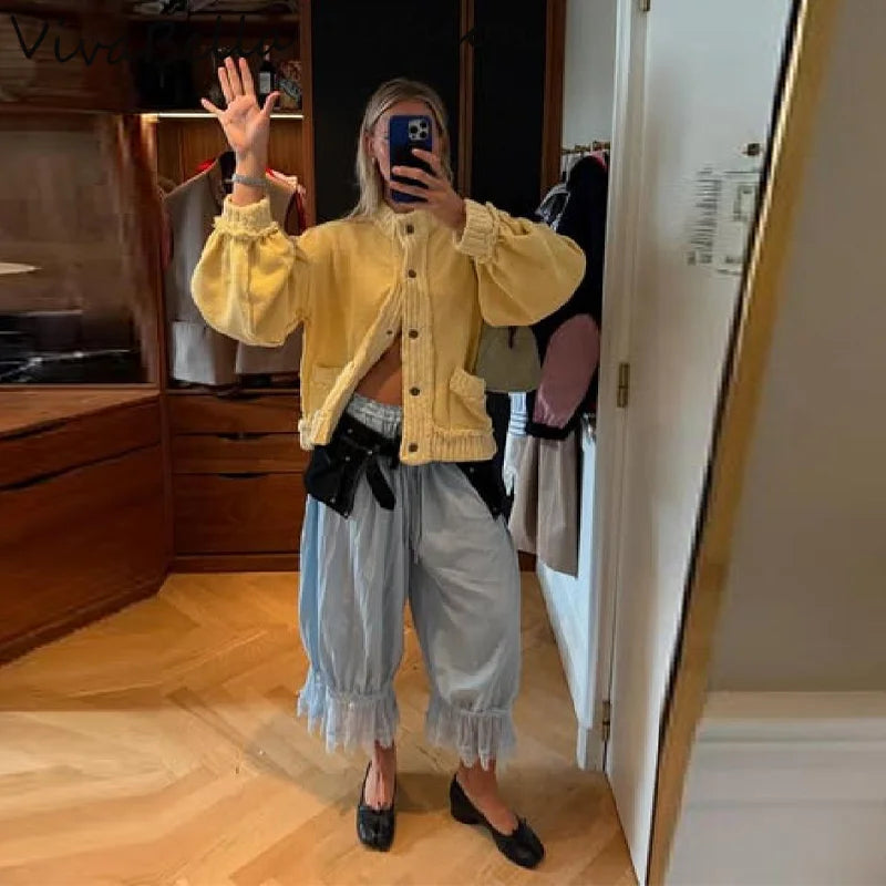 Women Elegant Lantern Sleeve Cardigans