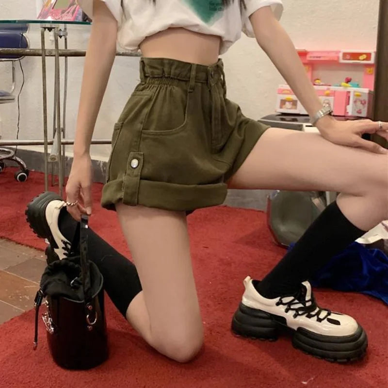 Casual Outing: High-Waisted Khaki Green Denim Shorts