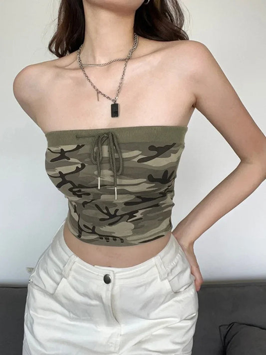 Y2K Sexy Camouflage Tube Top For Women Lace Up Strapless Bandeau Off Shoulder Military Crop Top Femme