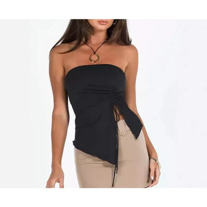 Asymmetric Off Shoulder Drawstring Crop Top for Women – Sexy Summer Tank Top