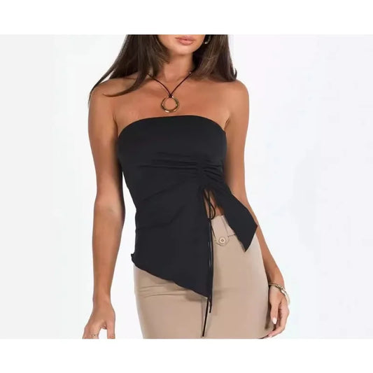 Asymmetric Off Shoulder Drawstring Crop Top for Women – Sexy Summer Tank Top
