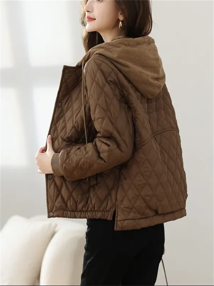 Womens Short Quilted Jacket O Neck Loose Fit Contrast Color Coat Casual Single Breasted Chic Outerwear