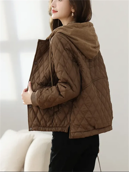 Womens Short Quilted Jacket O Neck Loose Fit Contrast Color Coat Casual Single Breasted Chic Outerwear