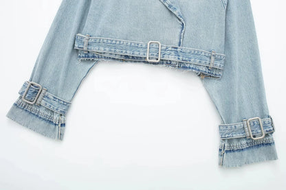 Long Sleeve Crop Top Belted Design Women Spring Denim Jackets