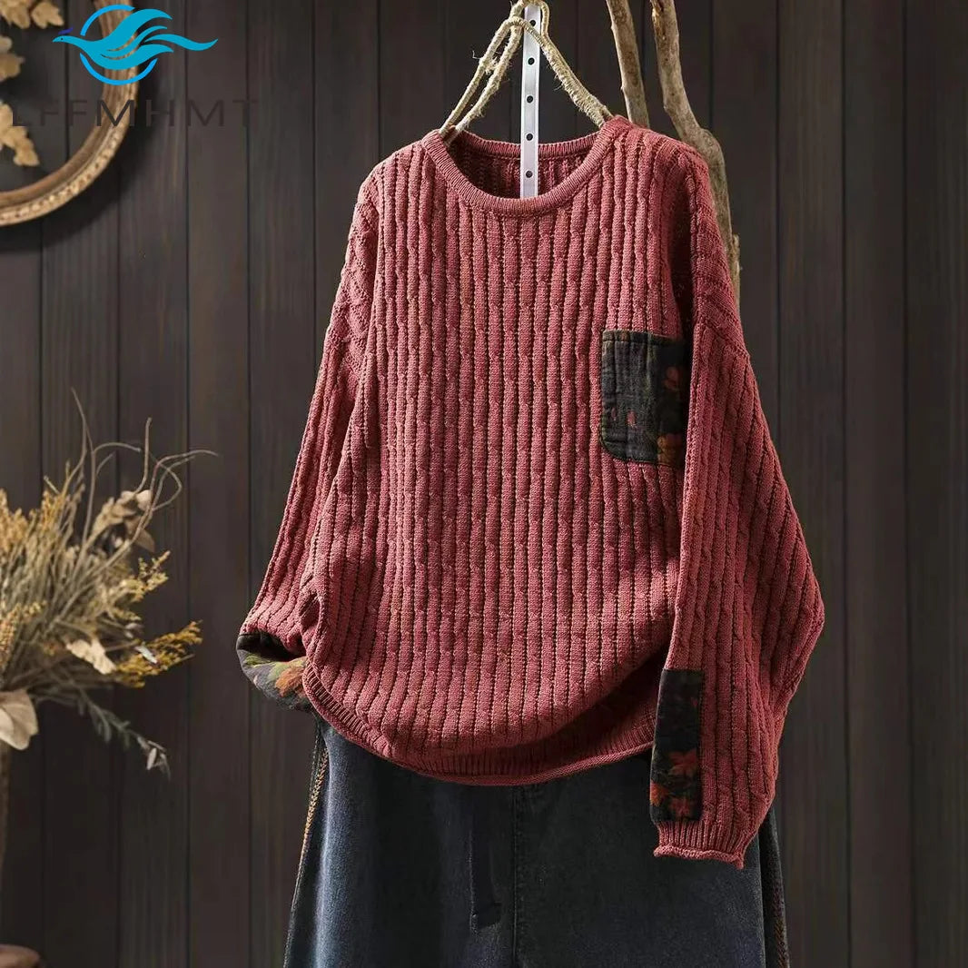 Vintage Rose Ribbed Sweater for Cozy Autumn Days