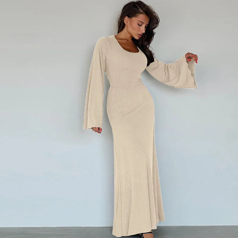 Quiet Luxury Aesthetic - Elegant Ribbed Bell Sleeve Maxi Dress